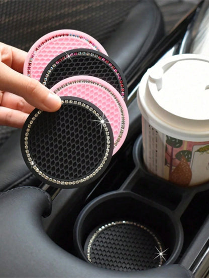 2pcs Car Cup Holder Coasters, Soft Rubber Mesh Faux Diamond Non-Slip Creative Cup Mats, Easy To Clean, Heat Resistant