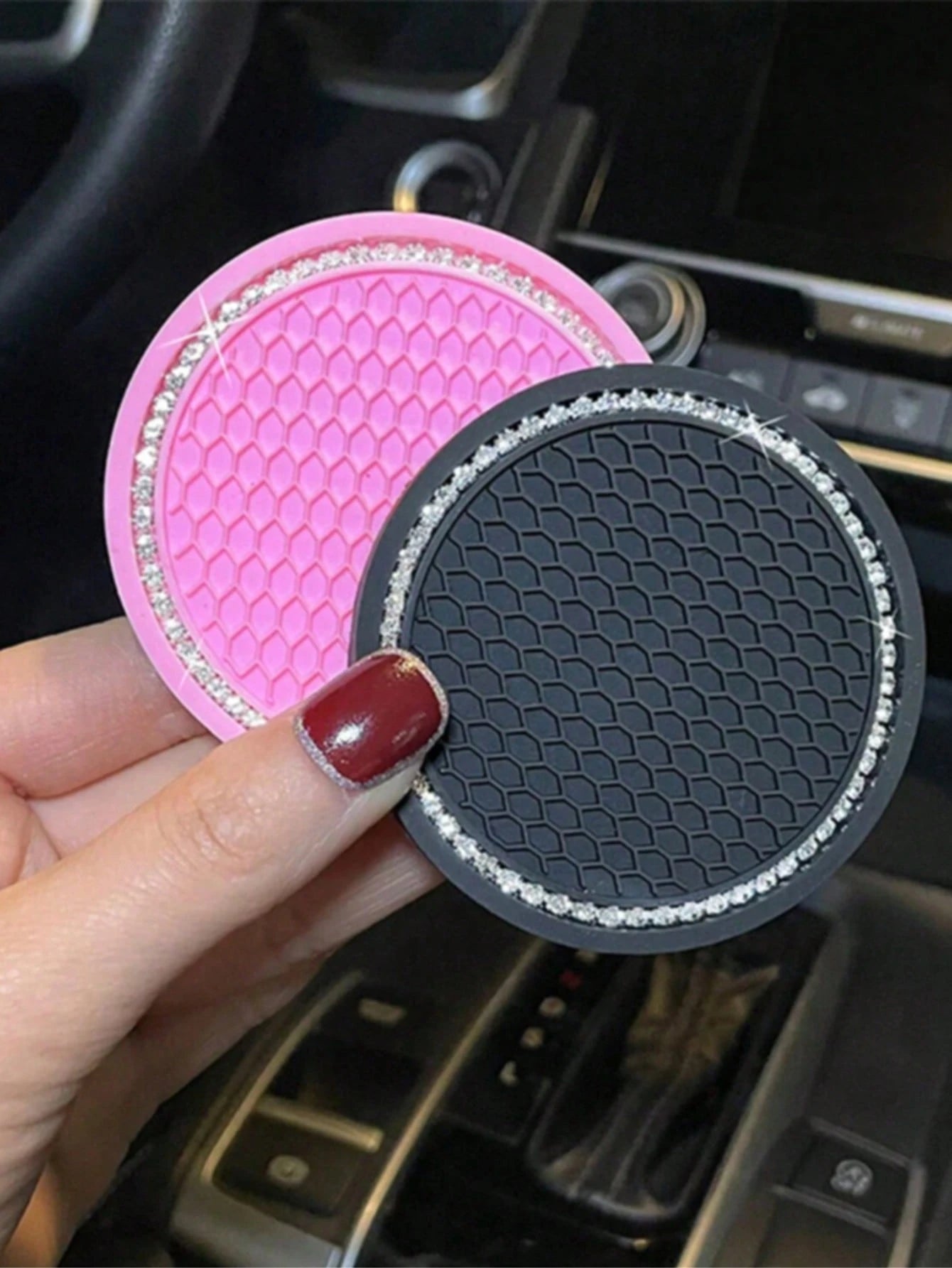 2pcs Car Cup Holder Coasters, Soft Rubber Mesh Faux Diamond Non-Slip Creative Cup Mats, Easy To Clean, Heat Resistant