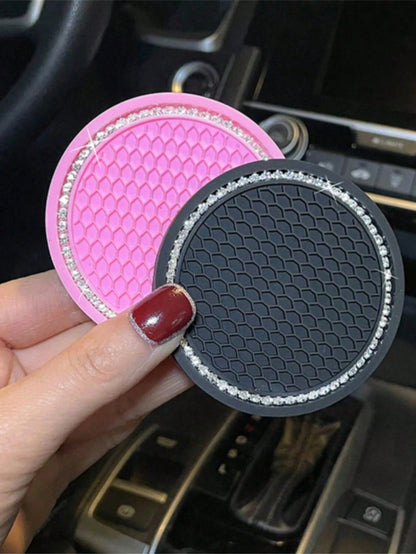 2pcs Car Cup Holder Coasters, Soft Rubber Mesh Faux Diamond Non-Slip Creative Cup Mats, Easy To Clean, Heat Resistant