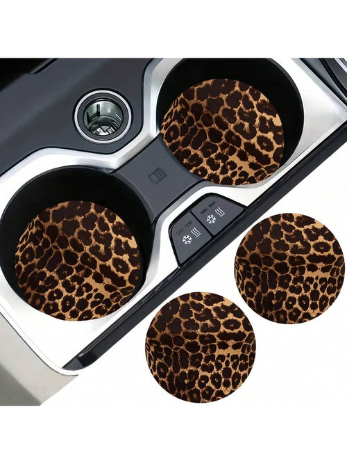 2pcs Cherry Leopard Pattern Absorbent Car Cup Coaster Stylish & Durable Fast-Drying Non-Slip Car Cup Mat
