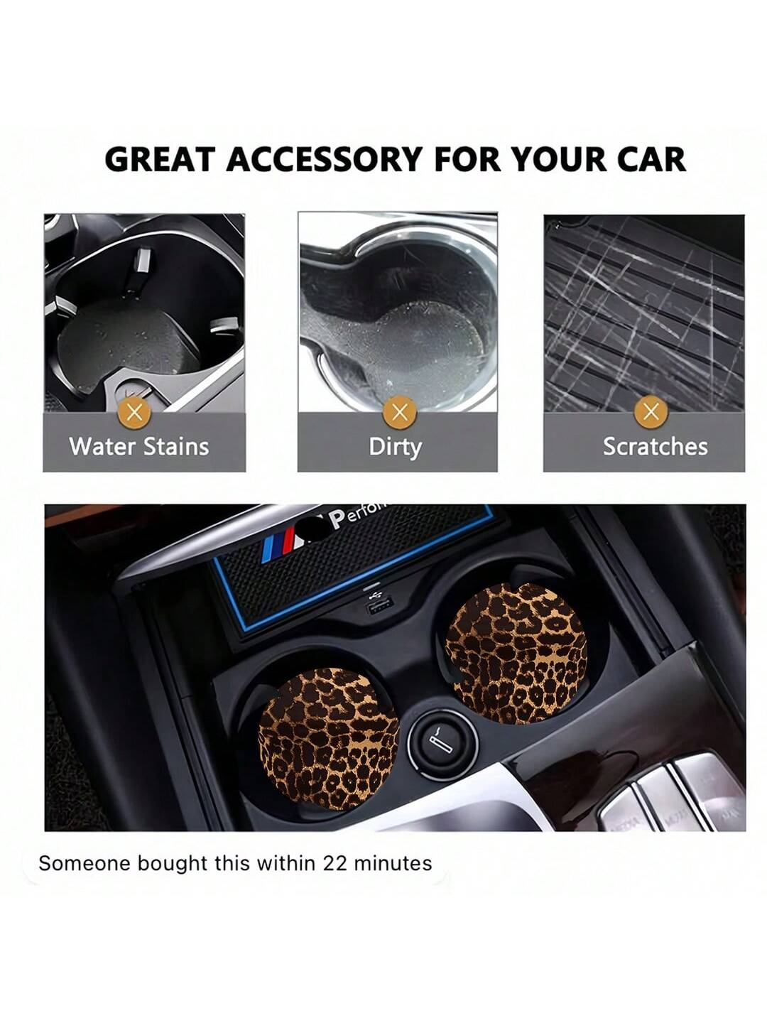 2pcs Cherry Leopard Pattern Absorbent Car Cup Coaster Stylish & Durable Fast-Drying Non-Slip Car Cup Mat