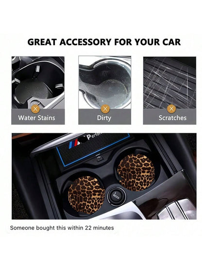 2pcs Cherry Leopard Pattern Absorbent Car Cup Coaster Stylish & Durable Fast-Drying Non-Slip Car Cup Mat