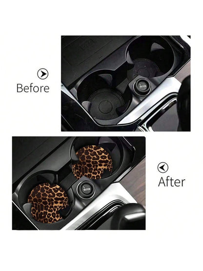 2pcs Cherry Leopard Pattern Absorbent Car Cup Coaster Stylish & Durable Fast-Drying Non-Slip Car Cup Mat