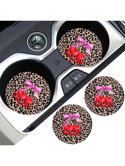 2pcs Cherry Leopard Pattern Absorbent Car Cup Coaster Stylish & Durable Fast-Drying Non-Slip Car Cup Mat