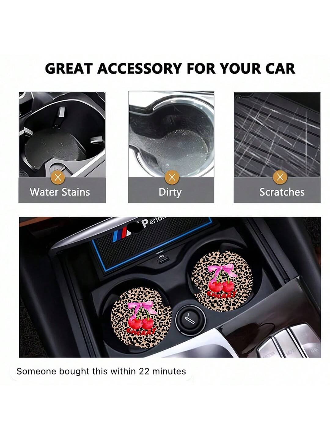 2pcs Cherry Leopard Pattern Absorbent Car Cup Coaster Stylish & Durable Fast-Drying Non-Slip Car Cup Mat