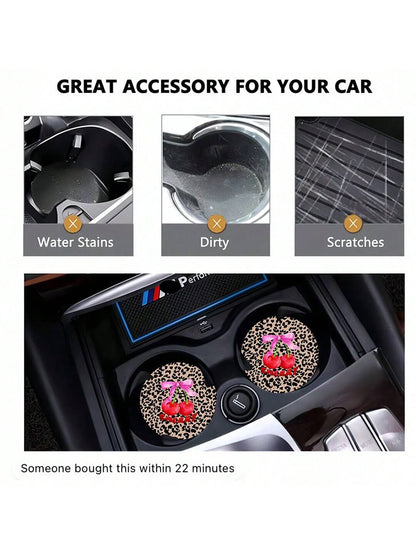 2pcs Cherry Leopard Pattern Absorbent Car Cup Coaster Stylish & Durable Fast-Drying Non-Slip Car Cup Mat