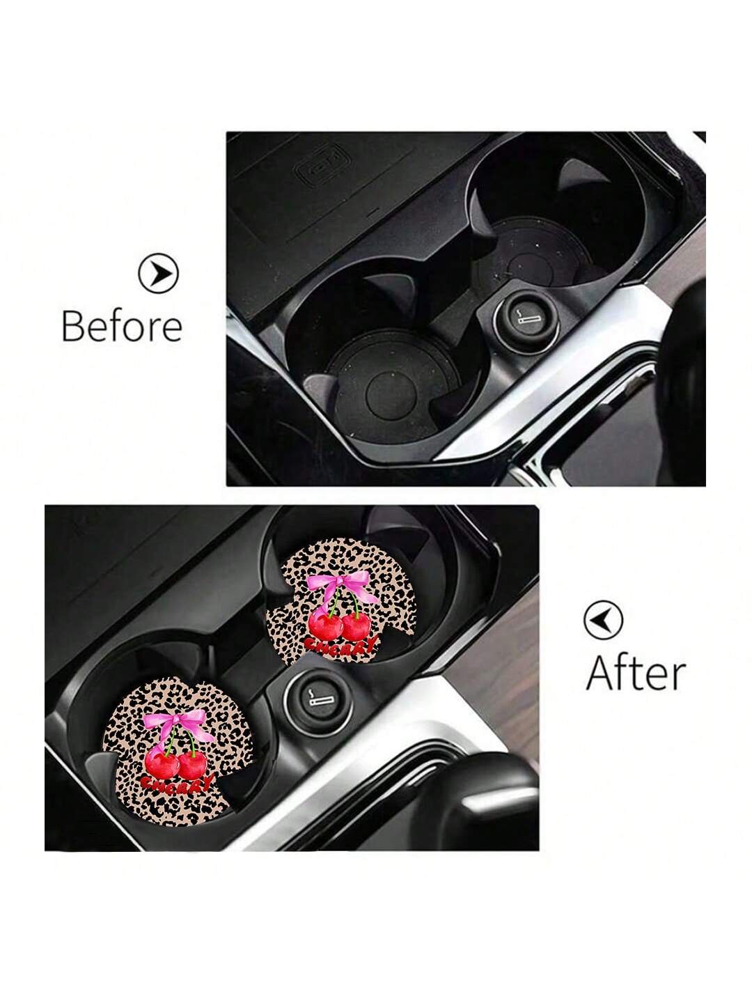 2pcs Cherry Leopard Pattern Absorbent Car Cup Coaster Stylish & Durable Fast-Drying Non-Slip Car Cup Mat