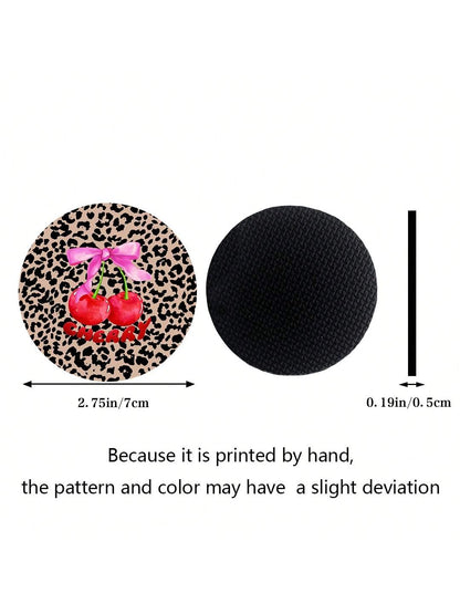 2pcs Cherry Leopard Pattern Absorbent Car Cup Coaster Stylish & Durable Fast-Drying Non-Slip Car Cup Mat