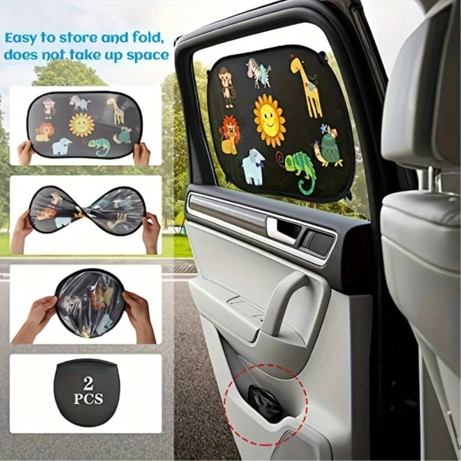 2pcs Cute Forest Animal Pattern Car Sun Shades- UV Protection, Made Of Polyester Fiber, Suitable For Sun Shading Decor, Anti-UV| Interesting Design| Easy Installation, Universal Fit For Sedan And S