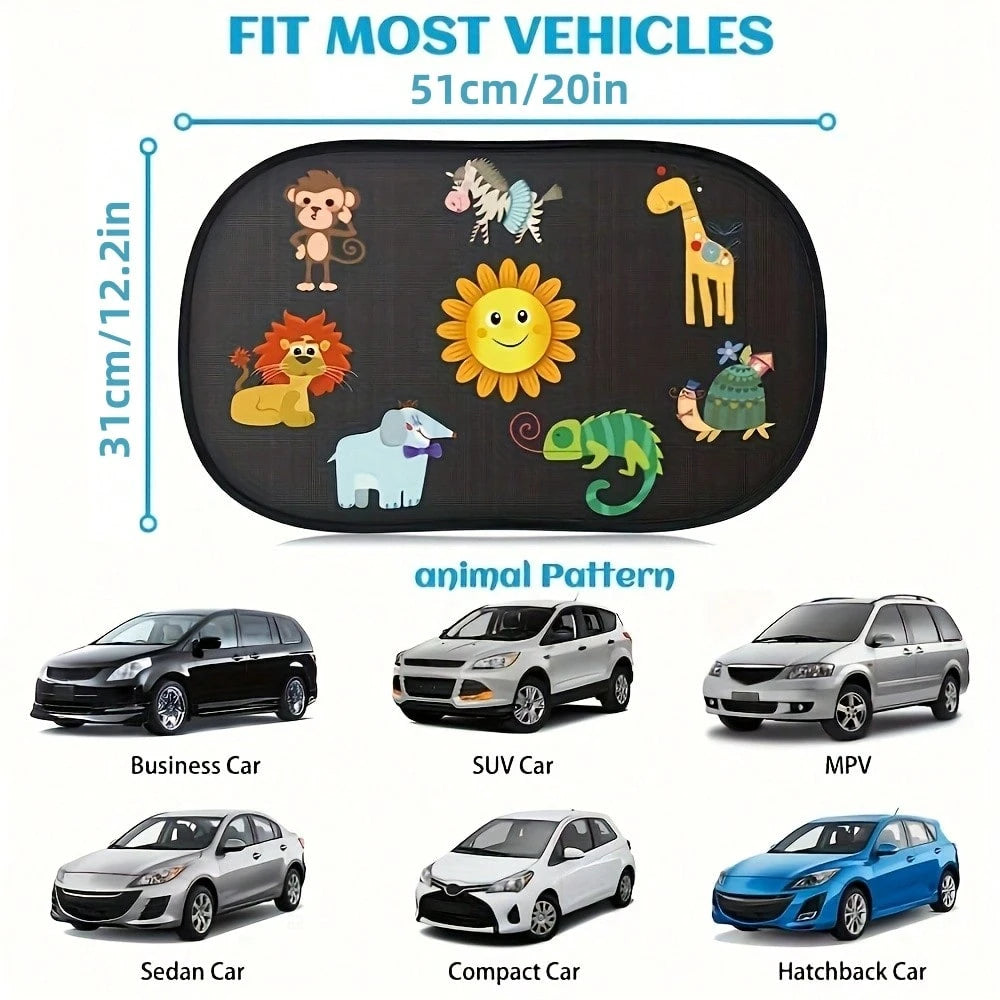 2pcs Cute Forest Animal Pattern Car Sun Shades- UV Protection, Made Of Polyester Fiber, Suitable For Sun Shading Decor, Anti-UV| Interesting Design| Easy Installation, Universal Fit For Sedan And S