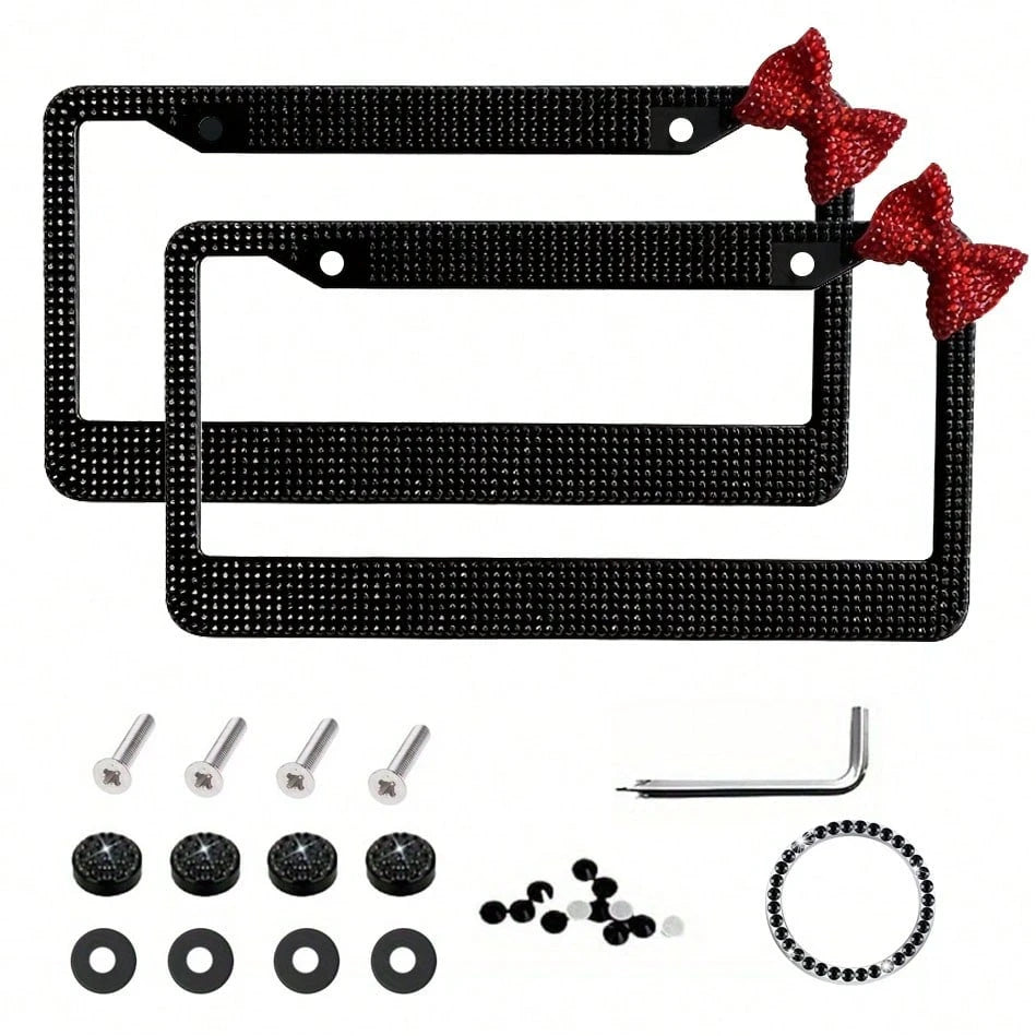 2PCS Diamond Rhinestone License Plate Frame, Sparkling Stainless Steel With Bow Decoration, Women's Exclusive Car Accessories, Luxury Black Crystal Design, Fashion Accessories, Fashion Auto Decor, Bir