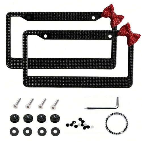 2PCS Diamond Rhinestone License Plate Frame, Sparkling Stainless Steel With Bow Decoration, Women's Exclusive Car Accessories, Luxury Black Crystal Design, Fashion Accessories, Fashion Auto Decor, Bir