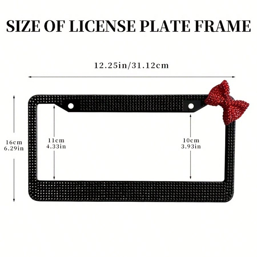 2PCS Diamond Rhinestone License Plate Frame, Sparkling Stainless Steel With Bow Decoration, Women's Exclusive Car Accessories, Luxury Black Crystal Design, Fashion Accessories, Fashion Auto Decor, Bir