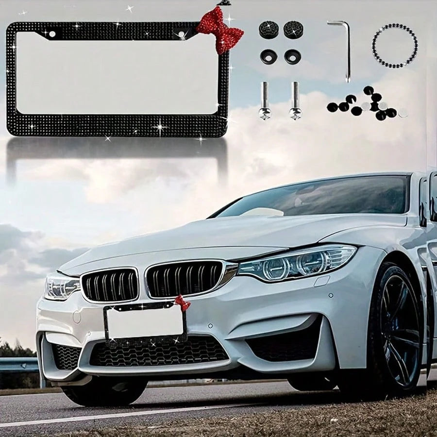 2PCS Diamond Rhinestone License Plate Frame, Sparkling Stainless Steel With Bow Decoration, Women's Exclusive Car Accessories, Luxury Black Crystal Design, Fashion Accessories, Fashion Auto Decor, Bir