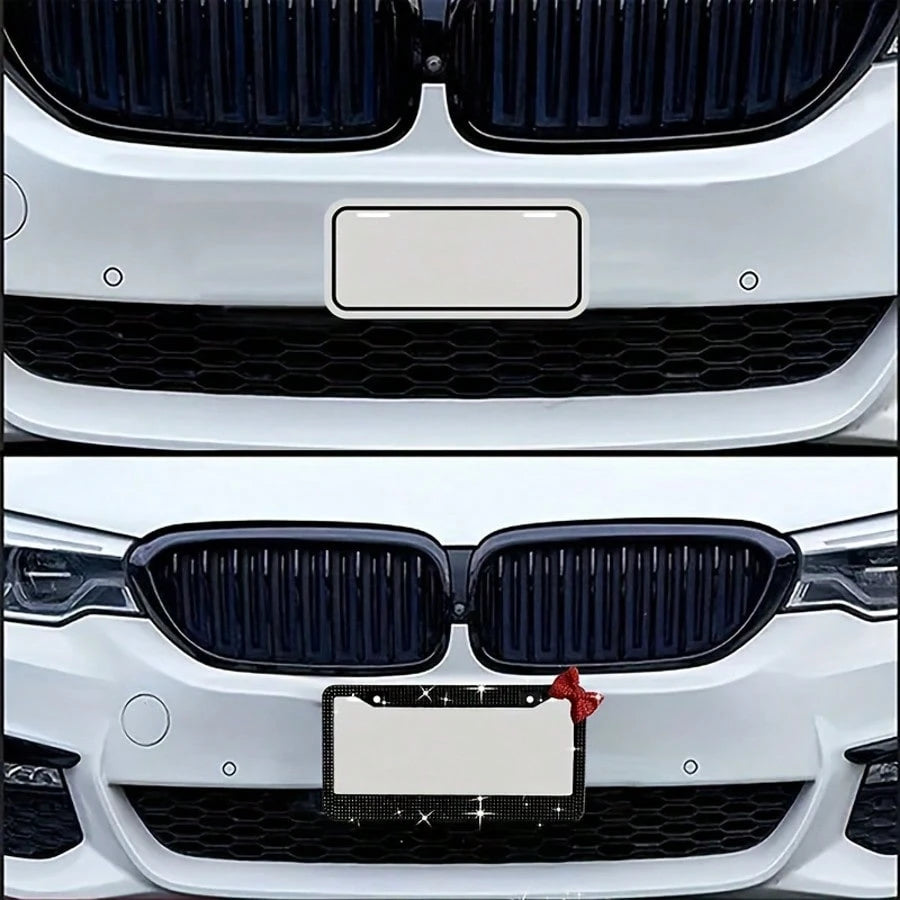 2PCS Diamond Rhinestone License Plate Frame, Sparkling Stainless Steel With Bow Decoration, Women's Exclusive Car Accessories, Luxury Black Crystal Design, Fashion Accessories, Fashion Auto Decor, Bir