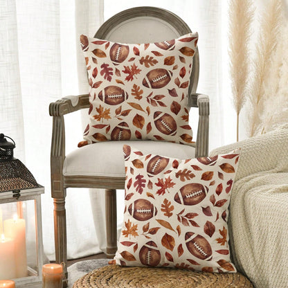 2pcs Fall Football Maple Leaves Throw Pillow Covers 18x18 Inch, Seasonal Autumn Thanksgiving Harvest Cushion Case Decoration For Sofa Couch, 100% Polyester Pillow Covers ( Do Not Include Insert)