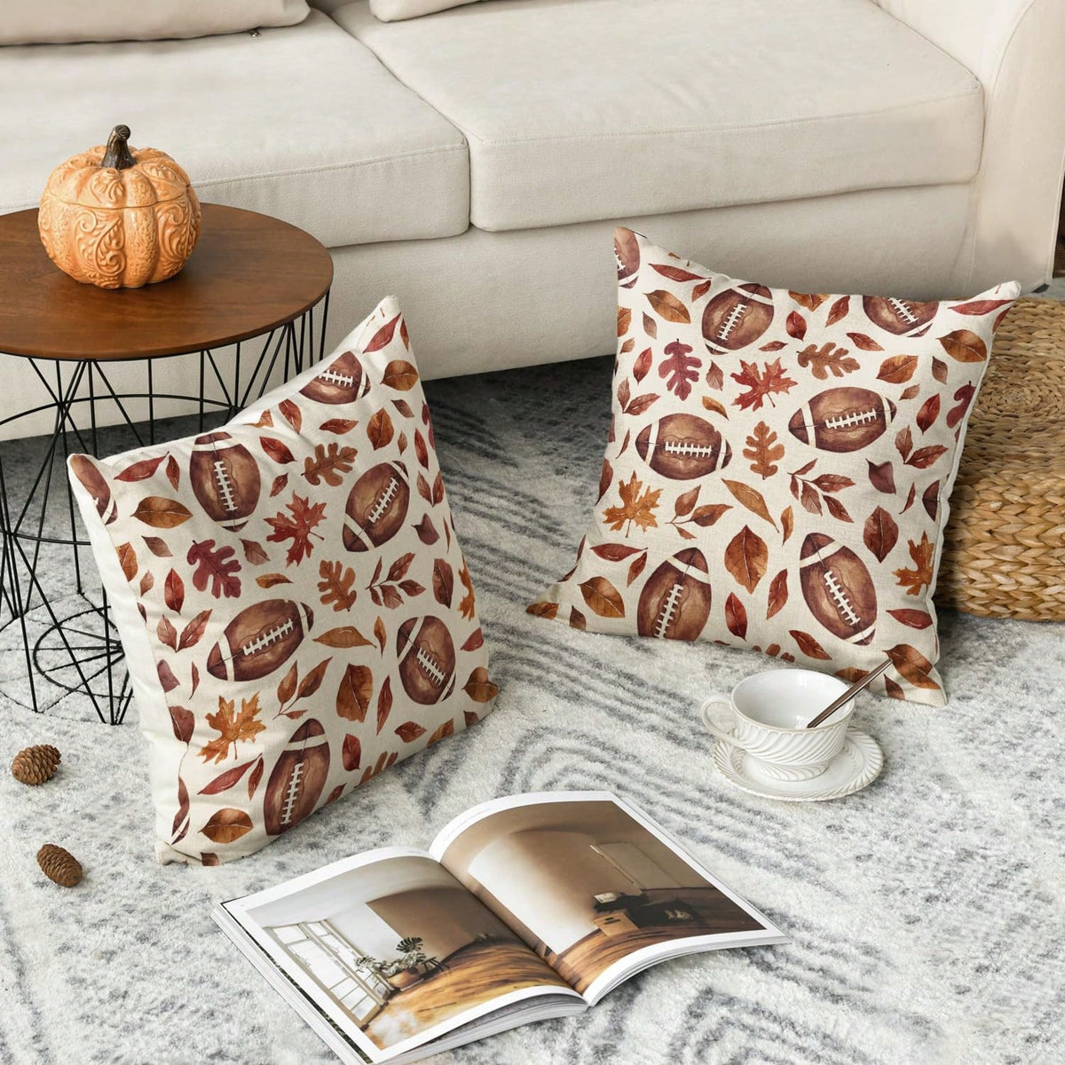 2pcs Fall Football Maple Leaves Throw Pillow Covers 18x18 Inch, Seasonal Autumn Thanksgiving Harvest Cushion Case Decoration For Sofa Couch, 100% Polyester Pillow Covers ( Do Not Include Insert)