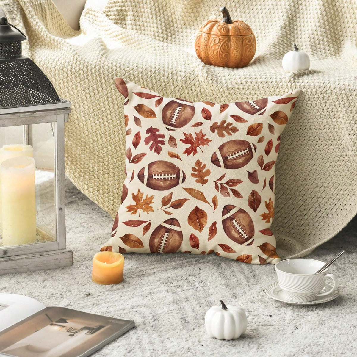 2pcs Fall Football Maple Leaves Throw Pillow Covers 18x18 Inch, Seasonal Autumn Thanksgiving Harvest Cushion Case Decoration For Sofa Couch, 100% Polyester Pillow Covers ( Do Not Include Insert)