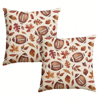 2pcs Fall Football Maple Leaves Throw Pillow Covers 18x18 Inch, Seasonal Autumn Thanksgiving Harvest Cushion Case Decoration For Sofa Couch, 100% Polyester Pillow Covers ( Do Not Include Insert)