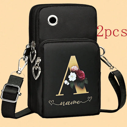2Pcs Floral Letter A Print Vertical Phone Crossbody Bag Heart Zipper Pull Multi Zipper Adjustable Strap Earphone Hole Small Shoulder Purse For Women