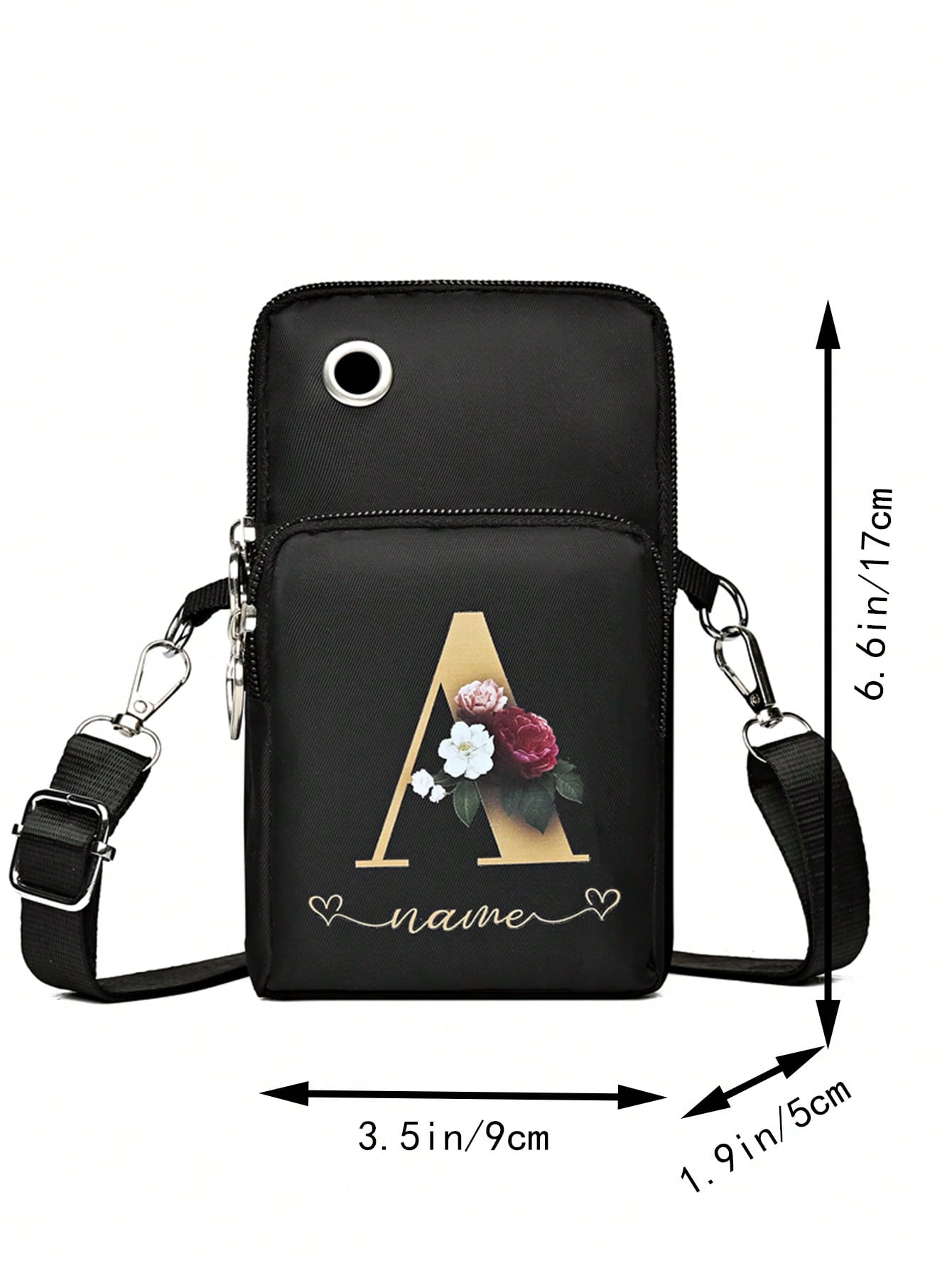 2Pcs Floral Letter A Print Vertical Phone Crossbody Bag Heart Zipper Pull Multi Zipper Adjustable Strap Earphone Hole Small Shoulder Purse For Women
