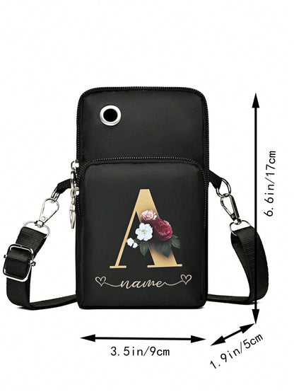 2Pcs Floral Letter A Print Vertical Phone Crossbody Bag Heart Zipper Pull Multi Zipper Adjustable Strap Earphone Hole Small Shoulder Purse For Women