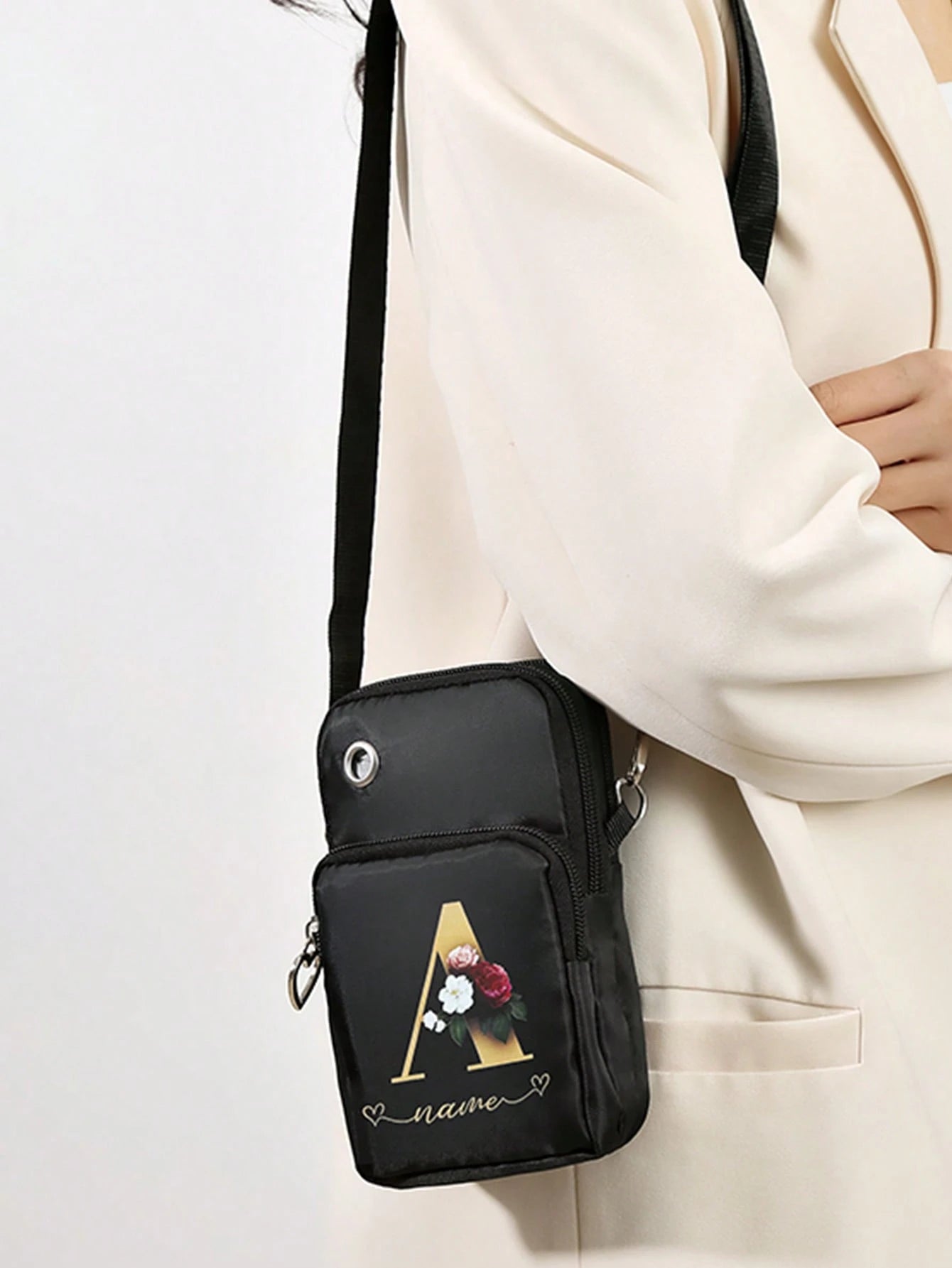 2Pcs Floral Letter A Print Vertical Phone Crossbody Bag Heart Zipper Pull Multi Zipper Adjustable Strap Earphone Hole Small Shoulder Purse For Women
