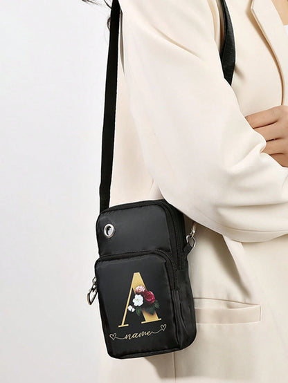 2Pcs Floral Letter A Print Vertical Phone Crossbody Bag Heart Zipper Pull Multi Zipper Adjustable Strap Earphone Hole Small Shoulder Purse For Women