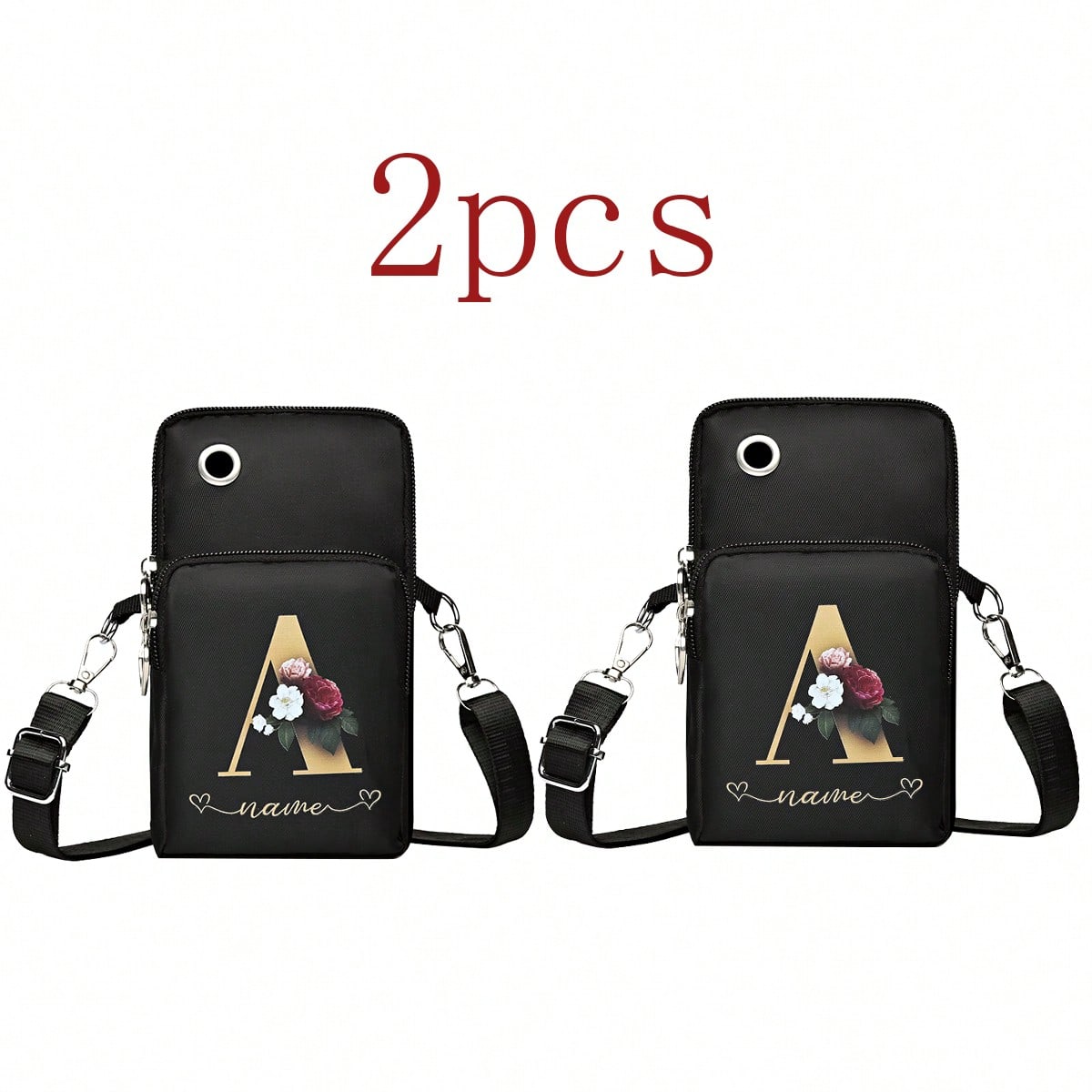 2Pcs Floral Letter A Print Vertical Phone Crossbody Bag Heart Zipper Pull Multi Zipper Adjustable Strap Earphone Hole Small Shoulder Purse For Women