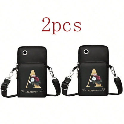 2Pcs Floral Letter A Print Vertical Phone Crossbody Bag Heart Zipper Pull Multi Zipper Adjustable Strap Earphone Hole Small Shoulder Purse For Women
