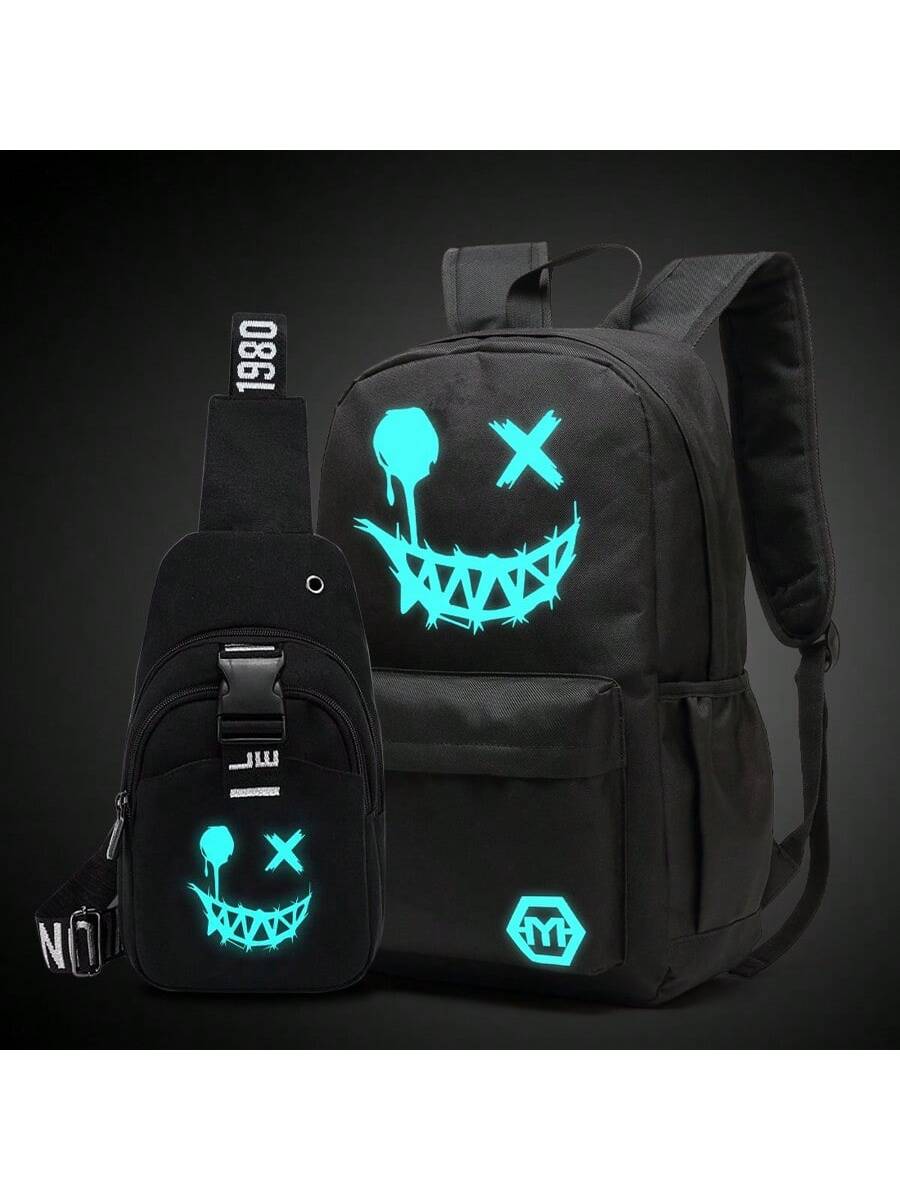 2pcs Fluorescence Night Backpack Set For Men, 2pcs Minimalist Stylish Cartoon Pattern Backpack Set With Chest Pack, Suitable For School, For Men, Boys Men Gifts For Men Student Fall Travel Christmas W
