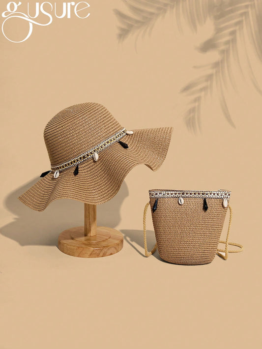 2pcs Gusure Bag Set: Bohemian Style UV Protection Straw Hat And Crossbody Bag, Wavy Fringe Decor Beach Sun Hat And Woven Crossbody Bag Set, Best Mother's Day Gift Idea, Mom Essentials, Outdoor Mom Bag