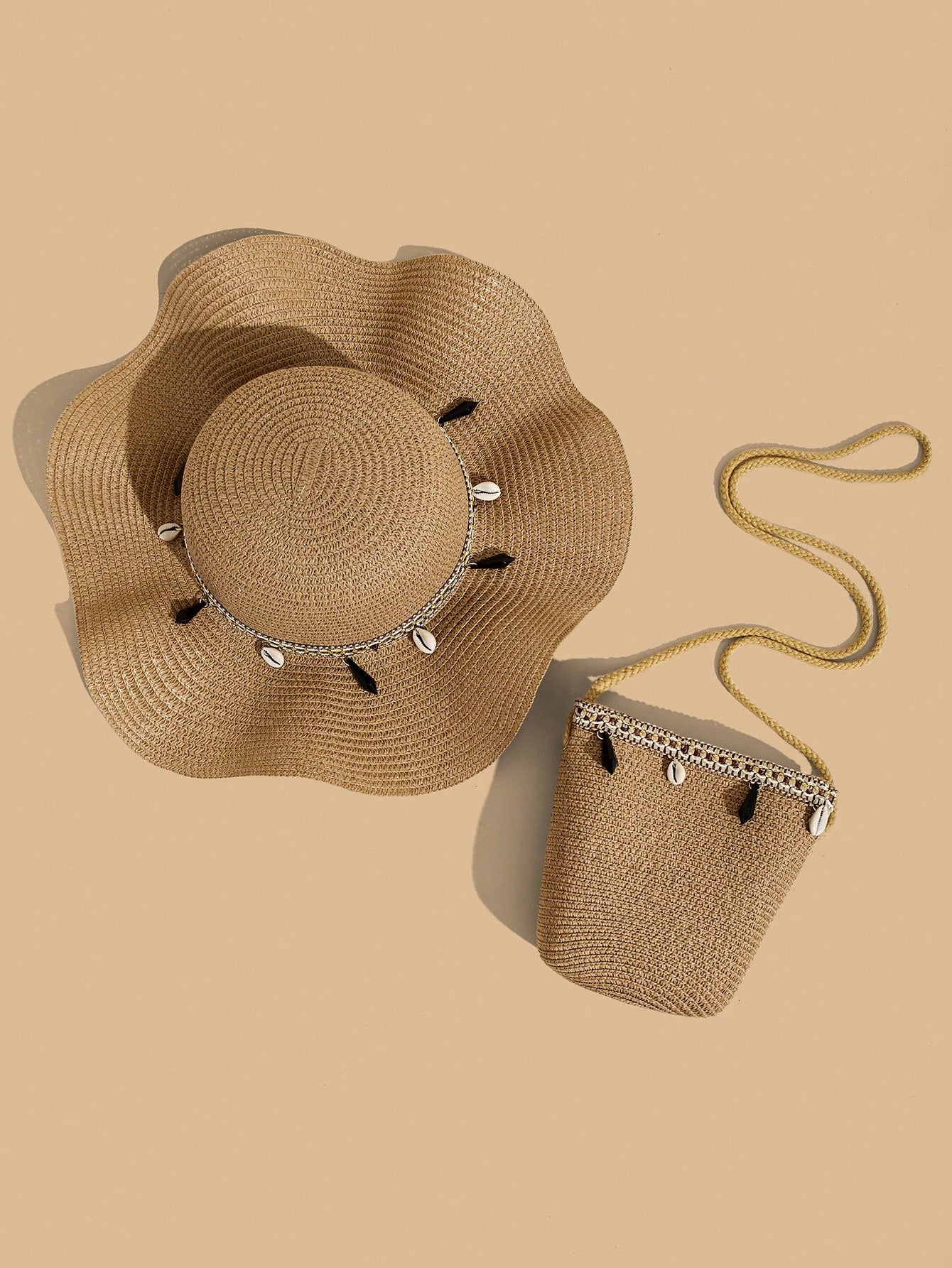 2pcs Gusure Bag Set: Bohemian Style UV Protection Straw Hat And Crossbody Bag, Wavy Fringe Decor Beach Sun Hat And Woven Crossbody Bag Set, Best Mother's Day Gift Idea, Mom Essentials, Outdoor Mom Bag