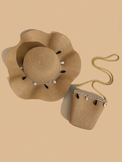 2pcs Gusure Bag Set: Bohemian Style UV Protection Straw Hat And Crossbody Bag, Wavy Fringe Decor Beach Sun Hat And Woven Crossbody Bag Set, Best Mother's Day Gift Idea, Mom Essentials, Outdoor Mom Bag
