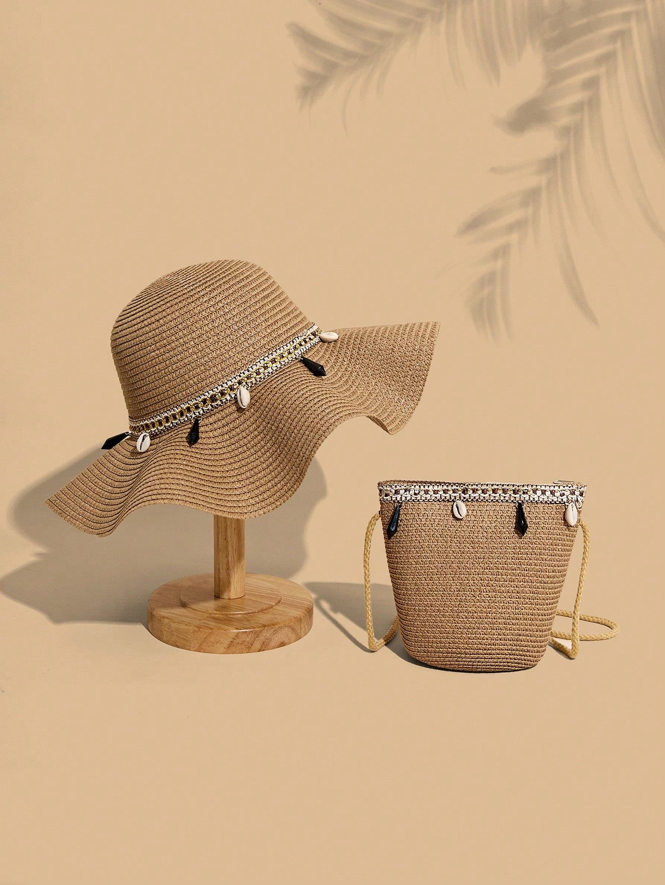 2pcs Gusure Bag Set: Bohemian Style UV Protection Straw Hat And Crossbody Bag, Wavy Fringe Decor Beach Sun Hat And Woven Crossbody Bag Set, Best Mother's Day Gift Idea, Mom Essentials, Outdoor Mom Bag