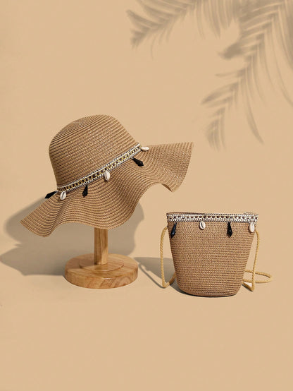 2pcs Gusure Bag Set: Bohemian Style UV Protection Straw Hat And Crossbody Bag, Wavy Fringe Decor Beach Sun Hat And Woven Crossbody Bag Set, Best Mother's Day Gift Idea, Mom Essentials, Outdoor Mom Bag