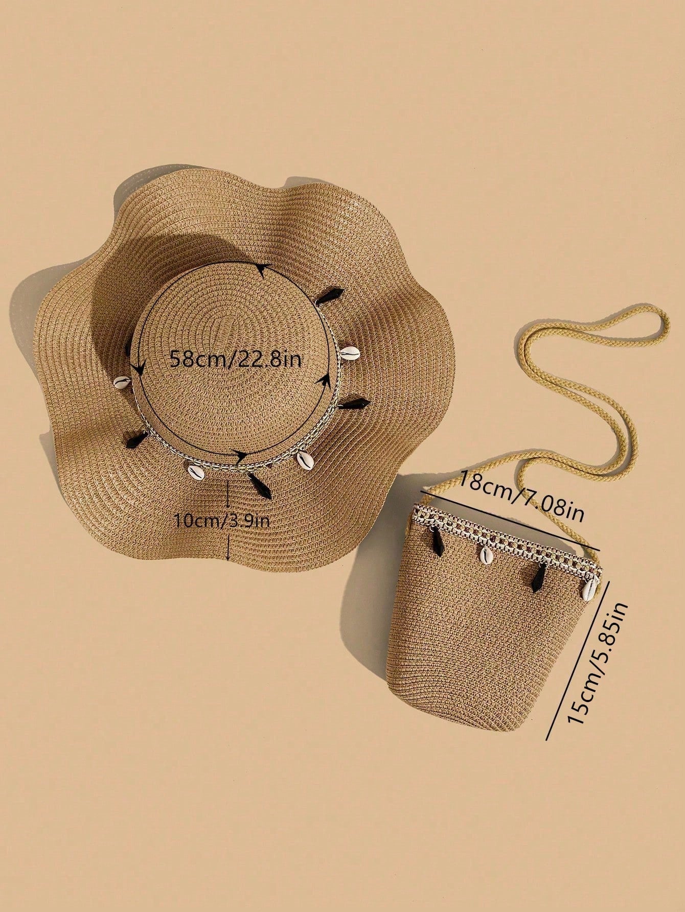 2pcs Gusure Bag Set: Bohemian Style UV Protection Straw Hat And Crossbody Bag, Wavy Fringe Decor Beach Sun Hat And Woven Crossbody Bag Set, Best Mother's Day Gift Idea, Mom Essentials, Outdoor Mom Bag