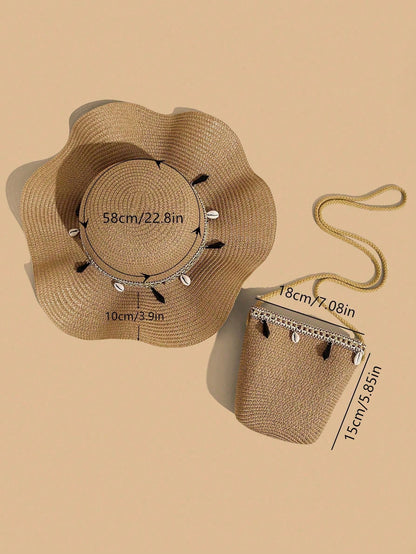 2pcs Gusure Bag Set: Bohemian Style UV Protection Straw Hat And Crossbody Bag, Wavy Fringe Decor Beach Sun Hat And Woven Crossbody Bag Set, Best Mother's Day Gift Idea, Mom Essentials, Outdoor Mom Bag