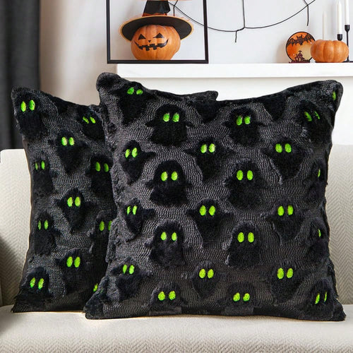 2Pcs Halloween Pillow Covers 18x18 Inch White Ghost Throw Pillow Cases Soft Plush Faux Fur Wool Couch Cushion Case For Chair Sofa Bedroom Living Room Home Decor