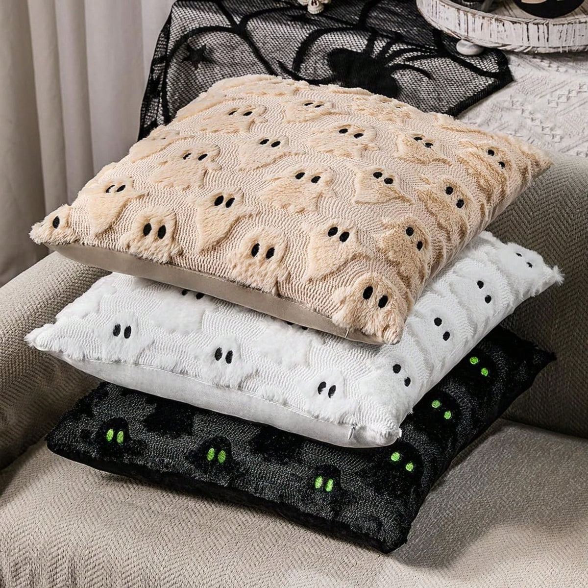 2Pcs Halloween Pillow Covers 18x18 Inch White Ghost Throw Pillow Cases Soft Plush Faux Fur Wool Couch Cushion Case For Chair Sofa Bedroom Living Room Home Decor