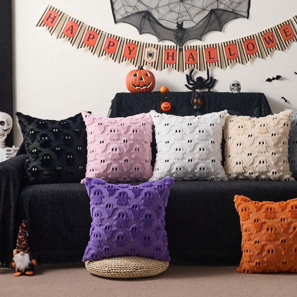2Pcs Halloween Pillow Covers 18x18 Inch White Ghost Throw Pillow Cases Soft Plush Faux Fur Wool Couch Cushion Case For Chair Sofa Bedroom Living Room Home Decor
