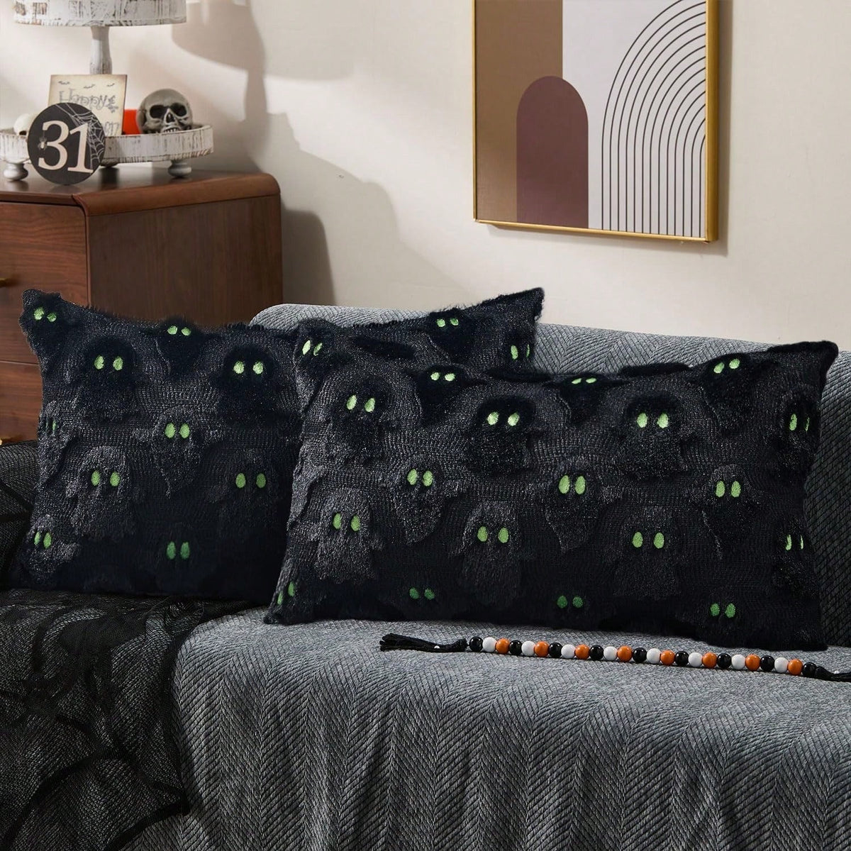 2Pcs Halloween Pillow Covers 18x18 Inch White Ghost Throw Pillow Cases Soft Plush Faux Fur Wool Couch Cushion Case For Chair Sofa Bedroom Living Room Home Decor
