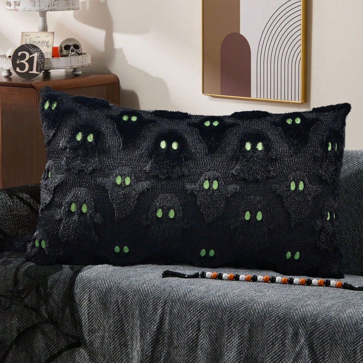 2Pcs Halloween Pillow Covers 18x18 Inch White Ghost Throw Pillow Cases Soft Plush Faux Fur Wool Couch Cushion Case For Chair Sofa Bedroom Living Room Home Decor