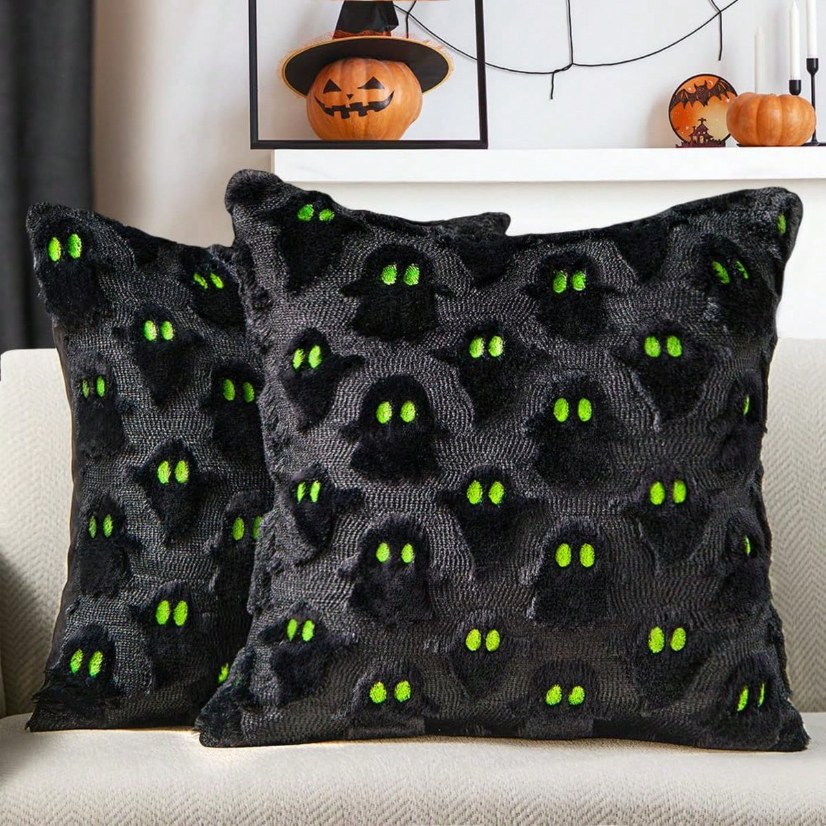 2Pcs Halloween Pillow Covers 18x18 Inch White Ghost Throw Pillow Cases Soft Plush Faux Fur Wool Couch Cushion Case For Chair Sofa Bedroom Living Room Home Decor