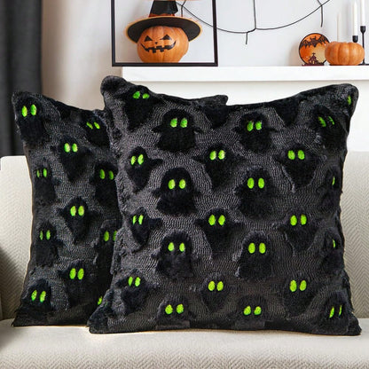 2Pcs Halloween Pillow Covers 18x18 Inch White Ghost Throw Pillow Cases Soft Plush Faux Fur Wool Couch Cushion Case For Chair Sofa Bedroom Living Room Home Decor