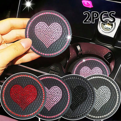 2pcs Heart-Shaped Rhinestone Car Cup Holder Coasters, Sparkling Crystal Decor, Durable Material, Fits Most Car Models, Stylish And Practical