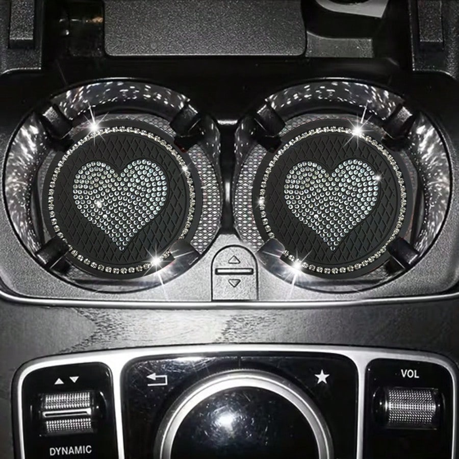 2pcs Heart-Shaped Rhinestone Car Cup Holder Coasters, Sparkling Crystal Decor, Durable Material, Fits Most Car Models, Stylish And Practical
