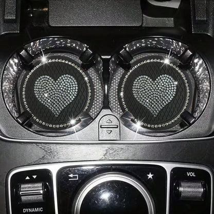 2pcs Heart-Shaped Rhinestone Car Cup Holder Coasters, Sparkling Crystal Decor, Durable Material, Fits Most Car Models, Stylish And Practical