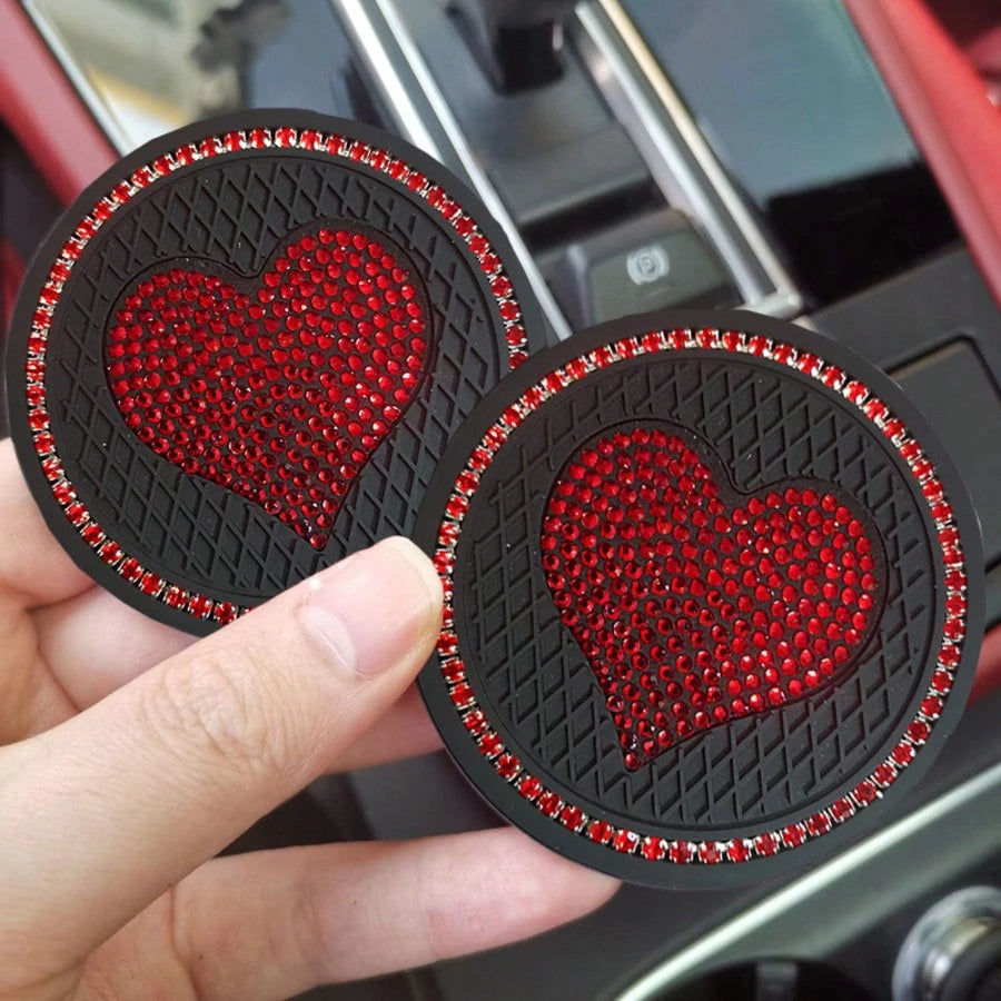 2pcs Heart-Shaped Rhinestone Car Cup Holder Coasters, Sparkling Crystal Decor, Durable Material, Fits Most Car Models, Stylish And Practical