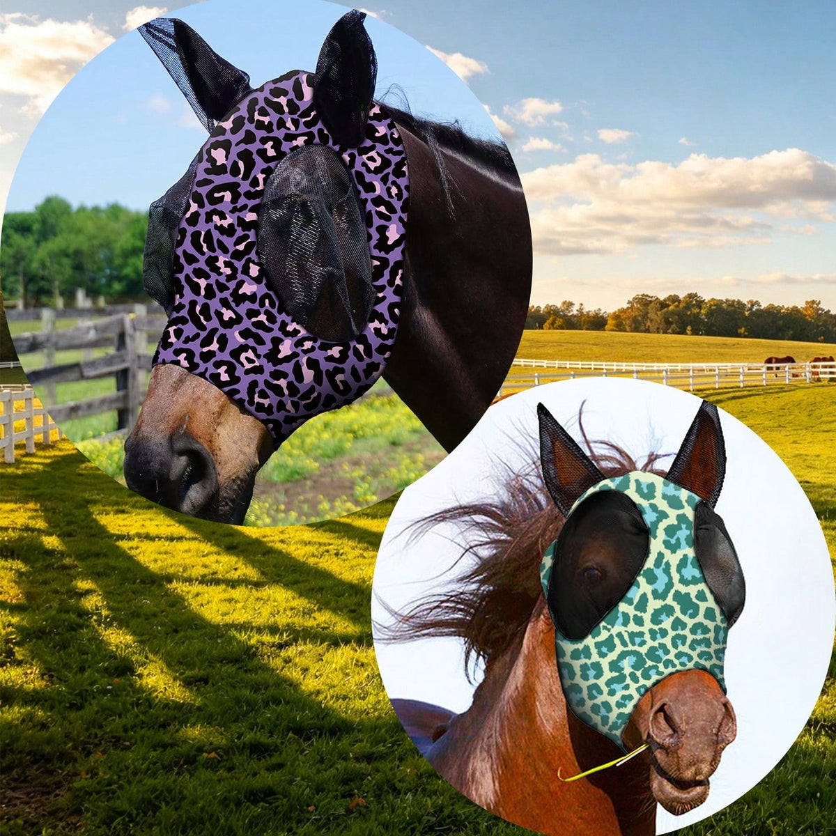 2pcs Leopard Print Horse Face Mask, M/L Size Optional, Comfortable Horse Face Mask With Ears, UV Protection And Sun Protection, Soft And Lightweight, Breathable, Mosquito And Fly Proof